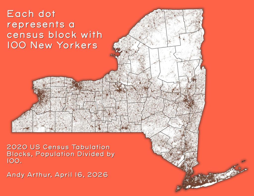 Each dot represents a census block with 100 New Yorkers